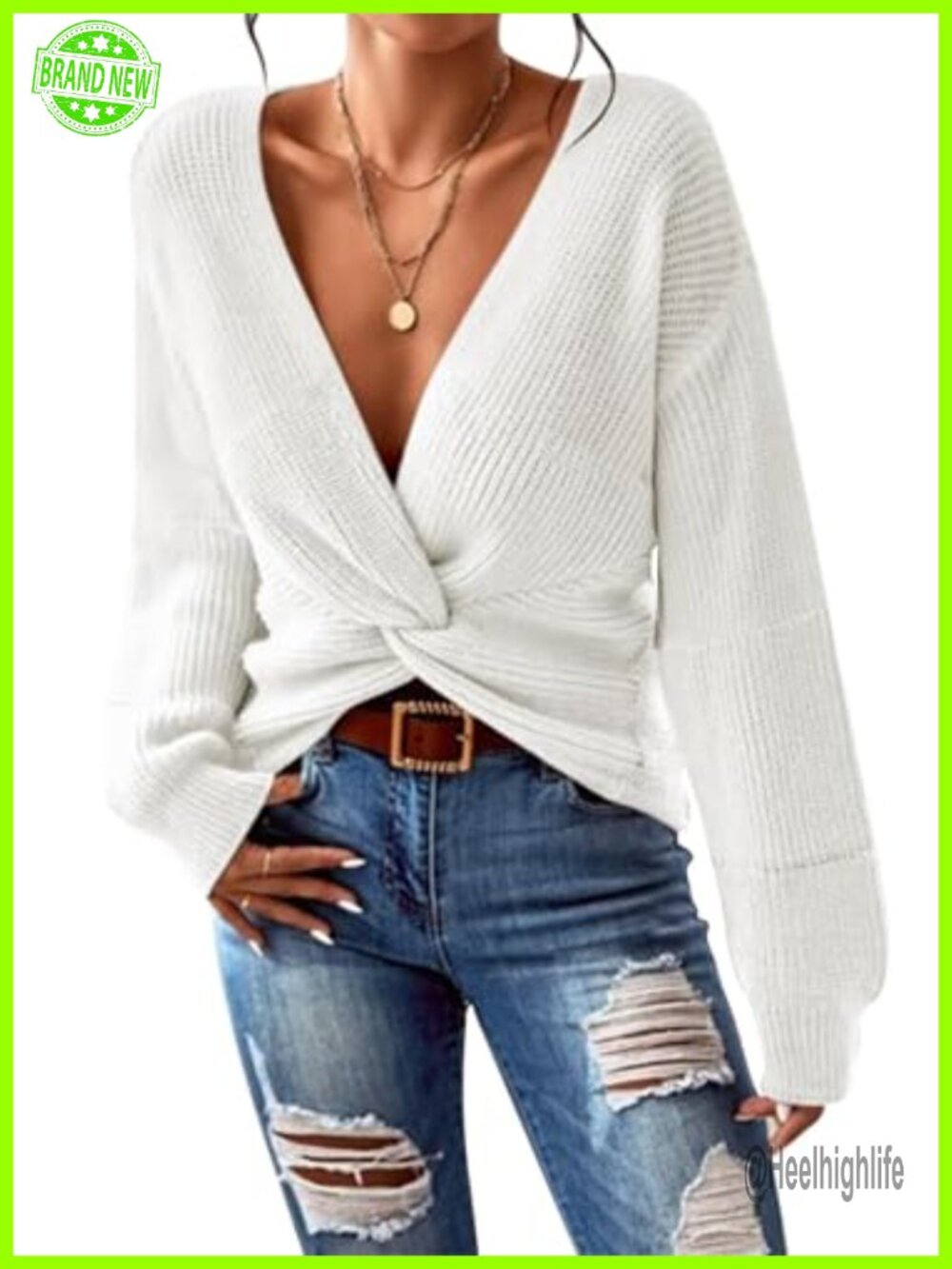 Deep V Neck Twist Front Cropped Sweater Pullover